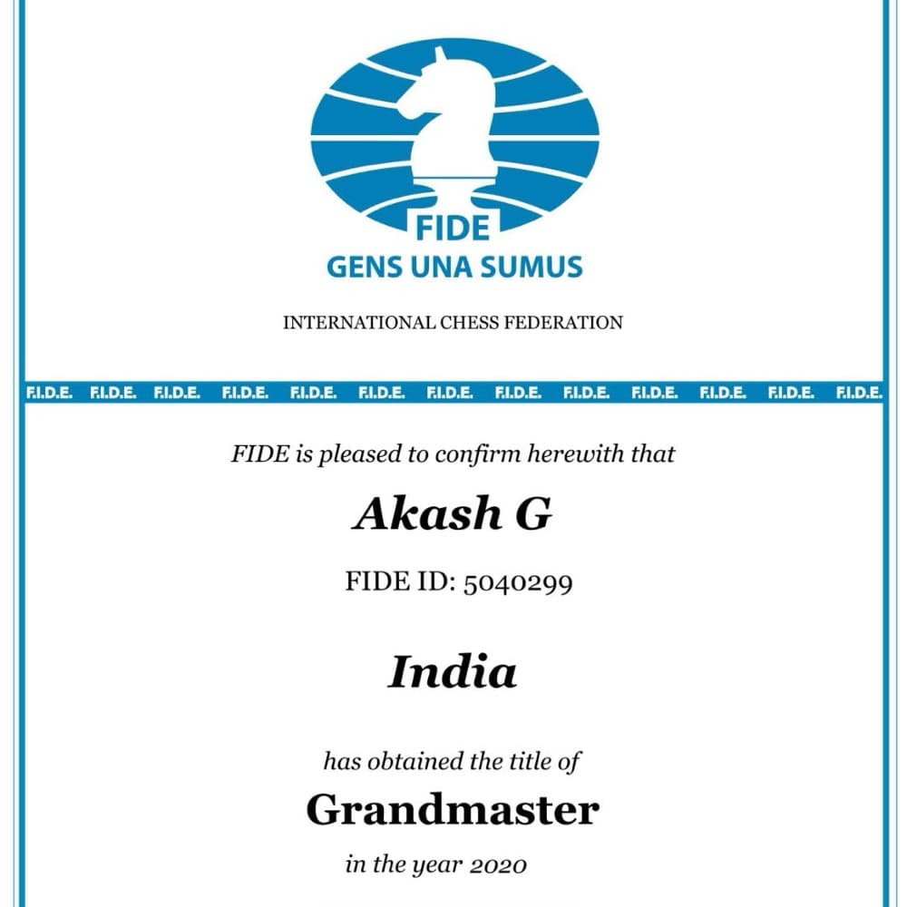 FIDE Grandmaster title certificate for Akash G