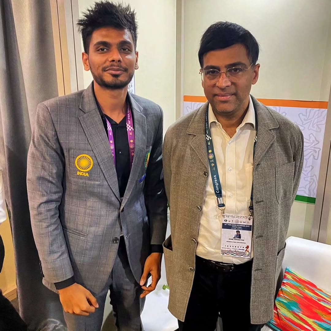 GM Akash Ganesan with Viswanathan Anand at the 44th FIDE Chess Olympiad, Chennai 2022